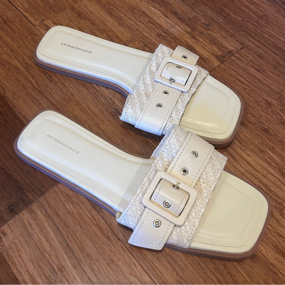 Anthropologie Cream Buckle Slide Sandals